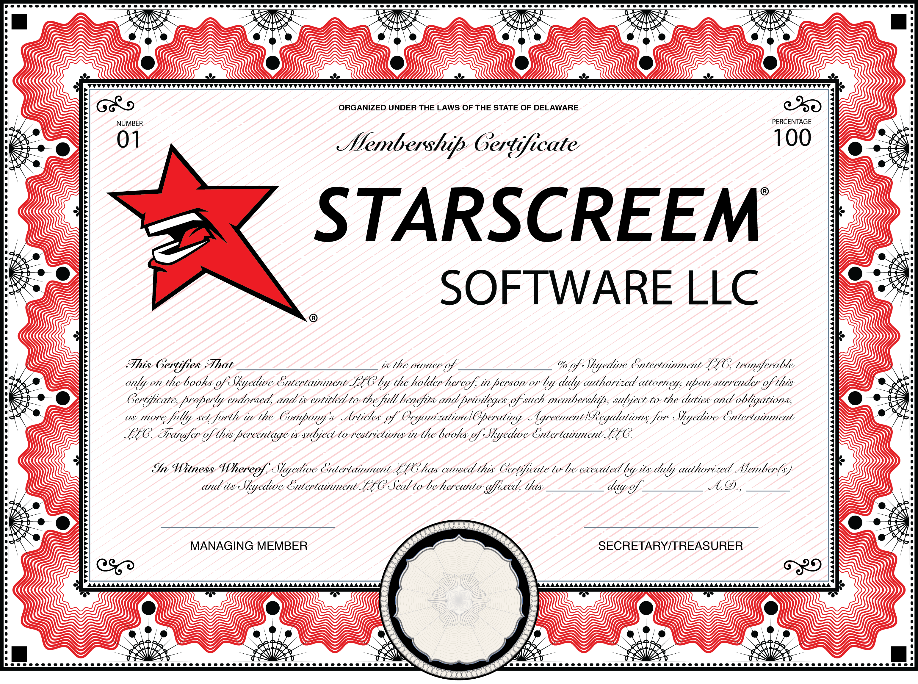 Starscreem LLC Membership Certificates